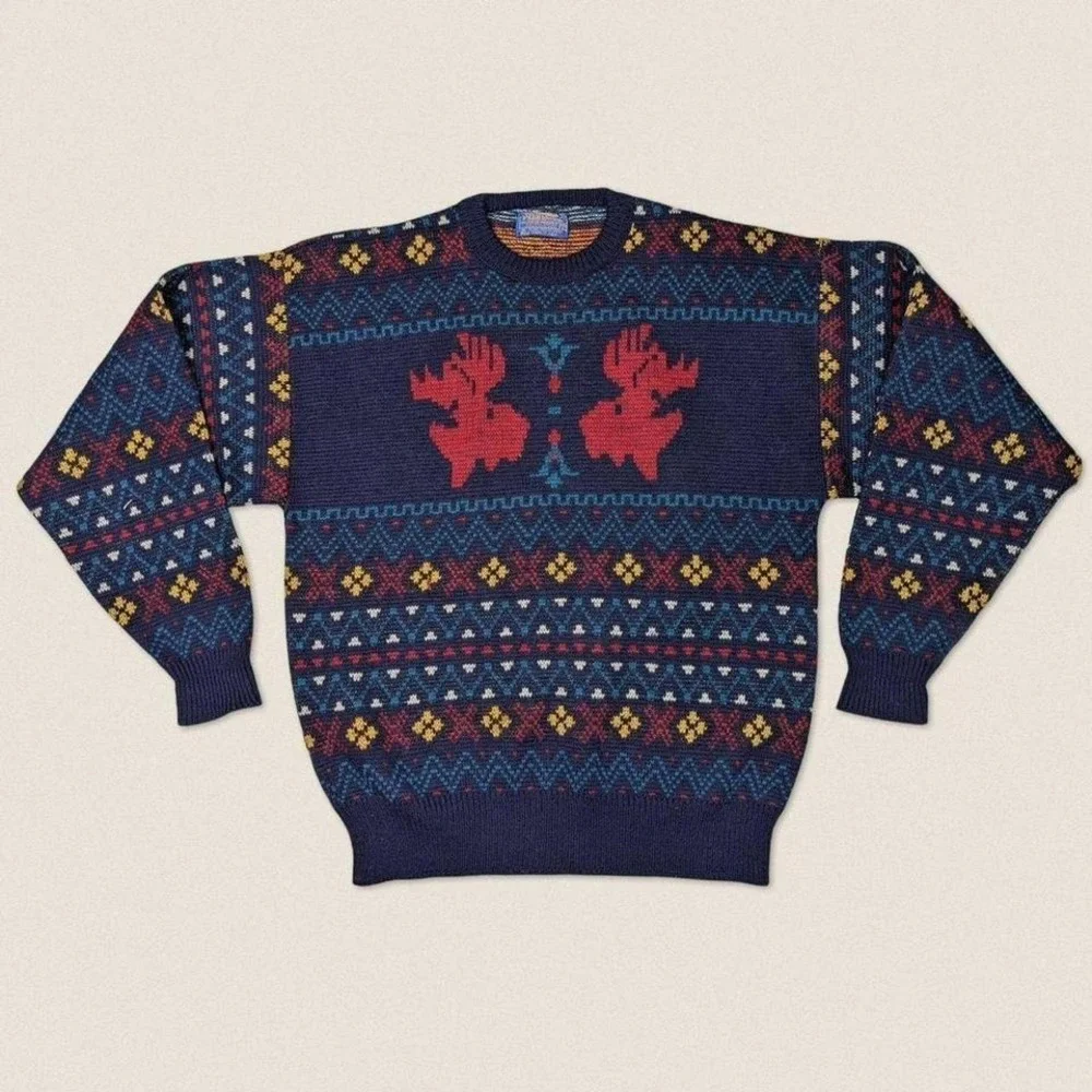 Vintage Pendleton Wool Sweater moose ‎ Fair Isle winter crew neck Christmas